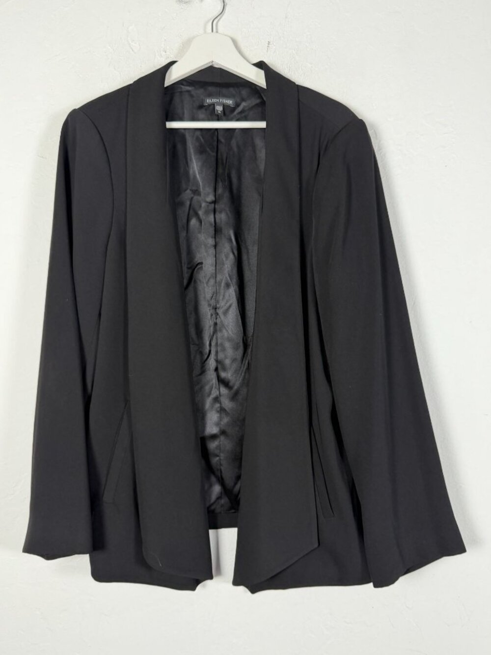 Eileen Fisher Womens Black Open Front Blazer Jacket XL Polyester Silk Blend